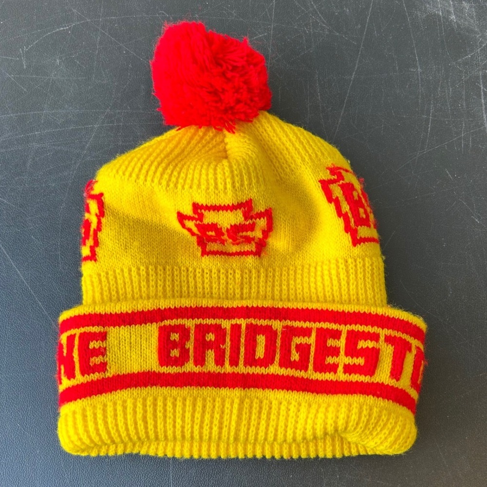 Vintage Bridgestone‎ Beanie Hat Yellow Red Pom Pom Knit Winter Ski